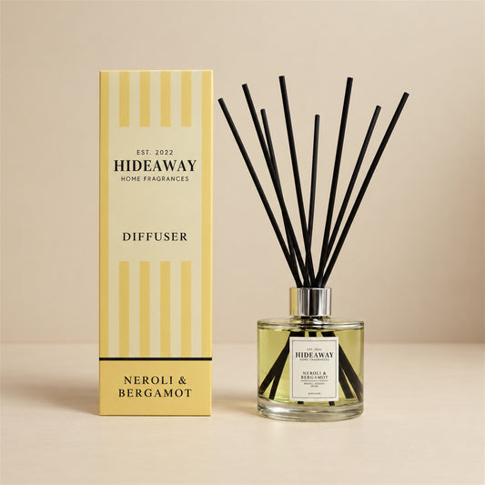 Hideaway Home Fragrances neroli and bergamot reed diffuser with mandarin, orange blossom, and sheer musk notes
