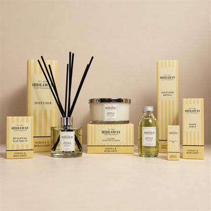 Hideaway Home Fragrances Neroli and Bergamot range including 3 wick candles, wax melts, reed diffusers, fragrance oil, and room spray