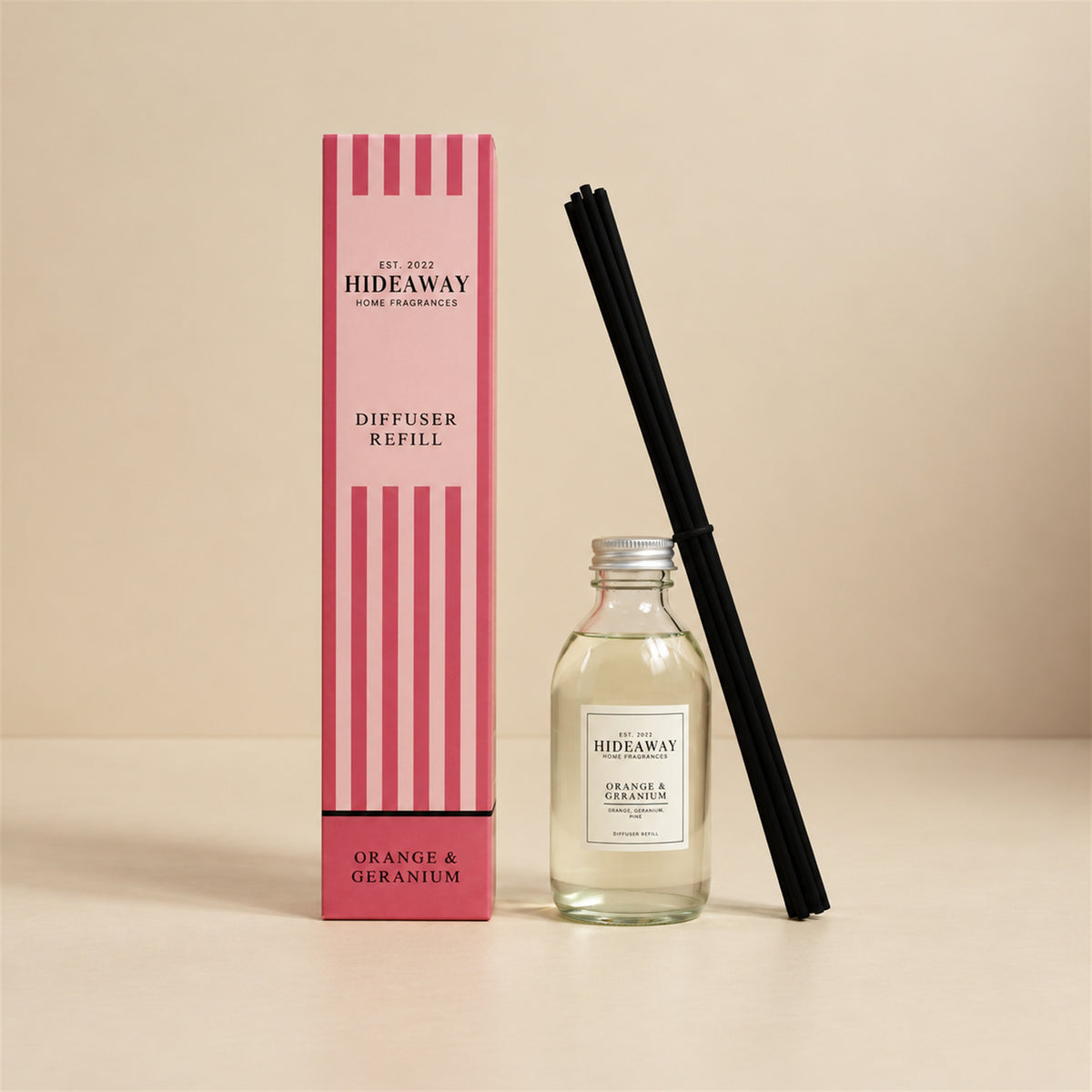 Hideaway Home Fragrances orange and geranium reed diffuser refill bottle with sweet orange, geranium, and vetiver