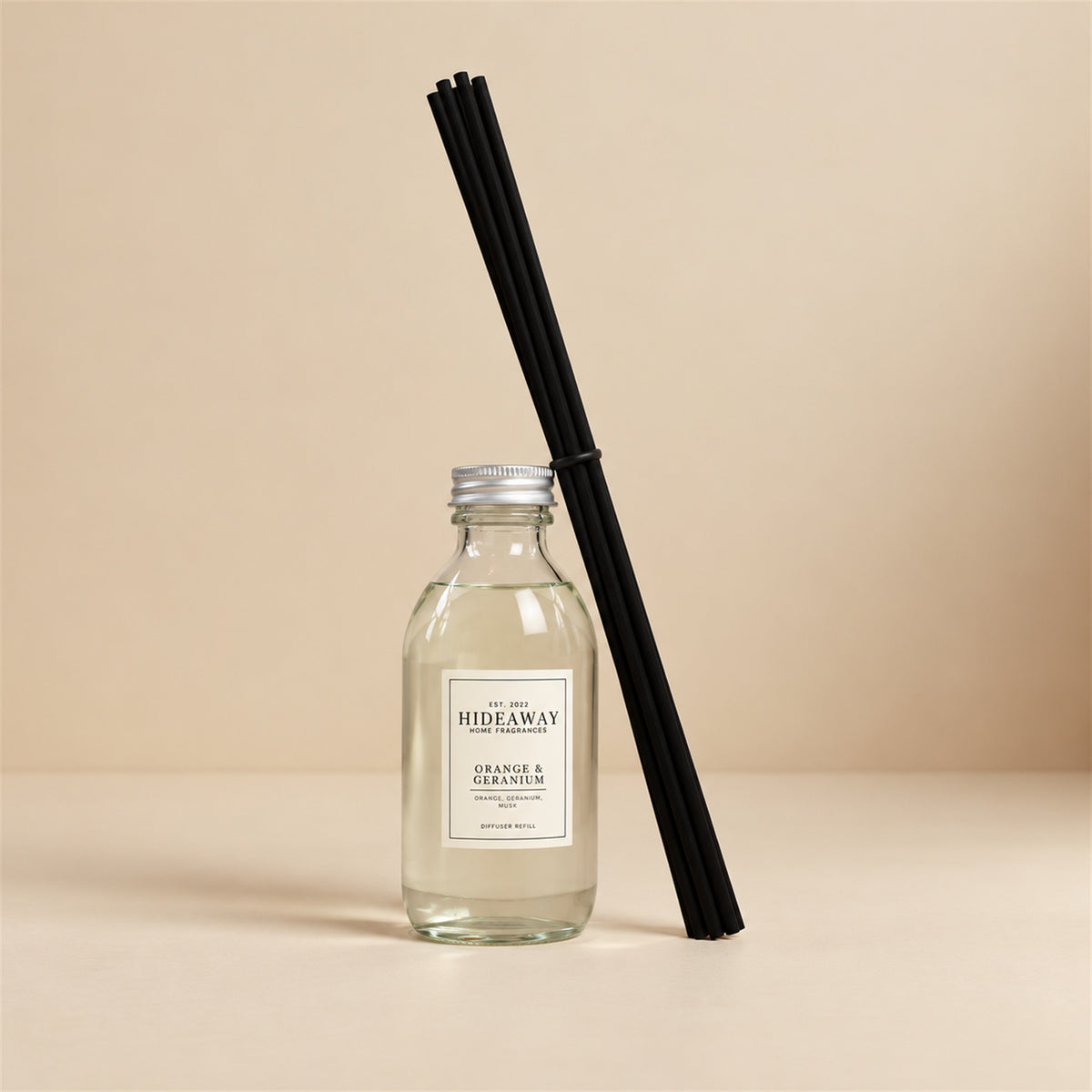 Orange and geranium diffuser oil refill by Hideaway Home Fragrances featuring citrus, floral, and vetiver notes