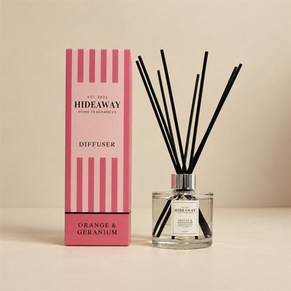 Hideaway Home Fragrances orange and geranium reed diffuser with sweet orange, geranium, and vetiver notes