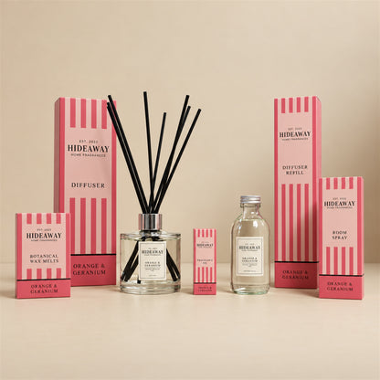 Hideaway Home Fragrances orange and geranium collection including diffusers, candles, wax melts, sprays, and oils