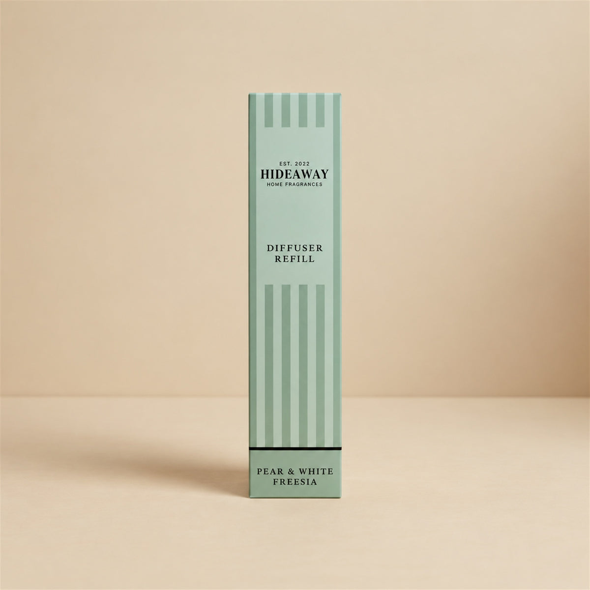 Hideaway Home Fragrances pear and white freesia reed diffuser refill liquid bottle showing fragrance notes on label