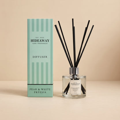 Hideaway Home Fragrances pear and white freesia reed diffuser bottle detail showing fragrance notes label