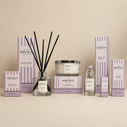 Hideaway Home Fragrances Spa Day range including 3 wick candles, wax melts, reed diffusers, fragrance oil, and room spray