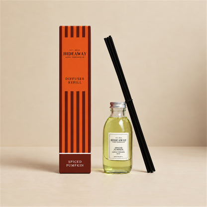 Hideaway Home Fragrances spiced pumpkin reed diffuser refill bottle with warm pumpkin, cinnamon, and clove