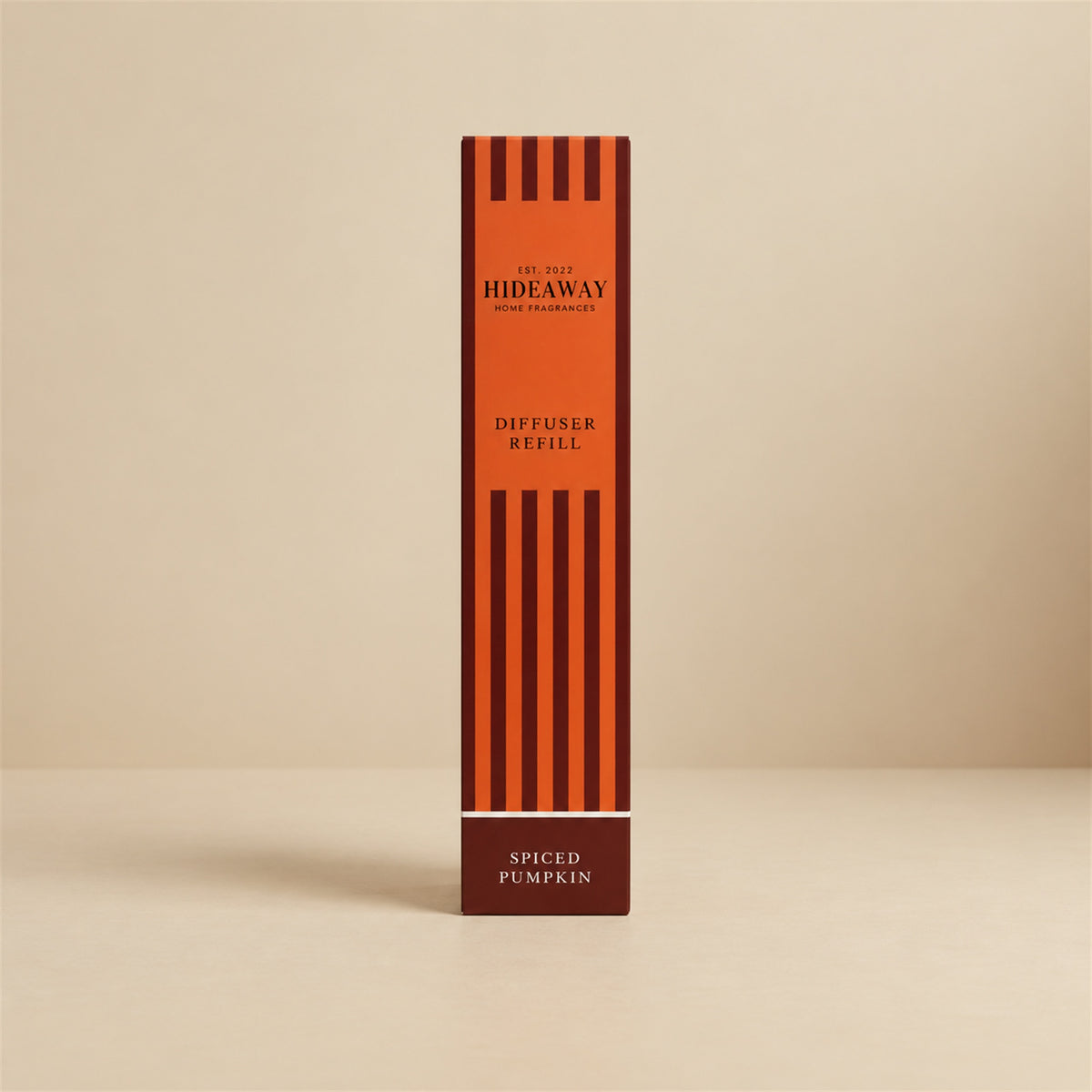 Hideaway Home Fragrances spiced pumpkin reed diffuser refill liquid bottle showing fragrance notes on label