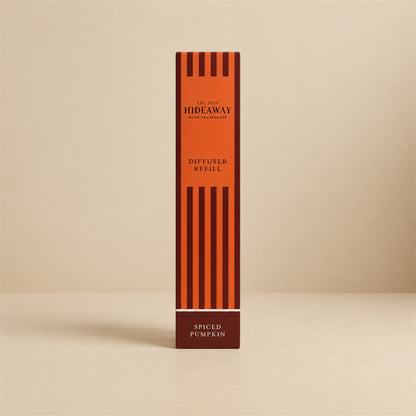 Hideaway Home Fragrances spiced pumpkin reed diffuser refill liquid bottle showing fragrance notes on label