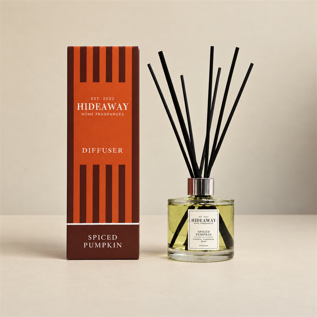Hideaway Home Fragrances spiced pumpkin reed diffuser with autumn pumpkin, cinnamon, and clove notes