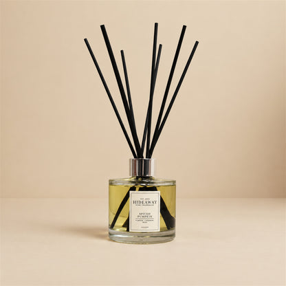 Cosy autumn spiced pumpkin reed diffuser by Hideaway Home Fragrances for warm living room and hallway scenting