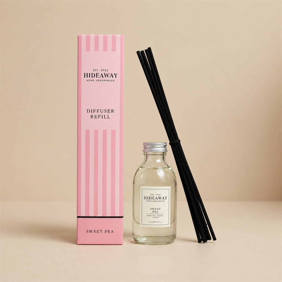 Hideaway Home Fragrances sweet pea reed diffuser refill bottle with sweet pea, rose, and vanilla notes
