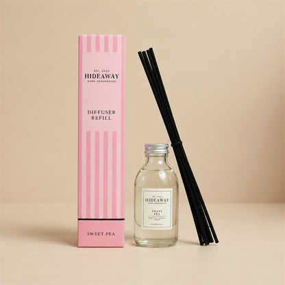 Hideaway Home Fragrances sweet pea reed diffuser refill bottle with sweet pea, rose, and vanilla notes