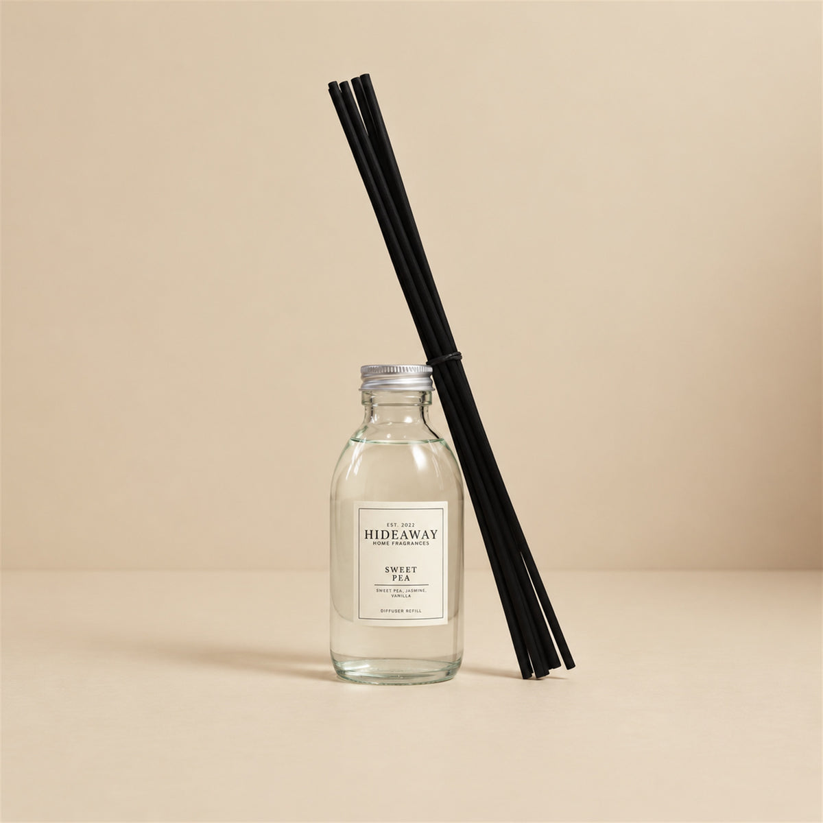 Pouring sweet pea fragrance oil refill for a Hideaway Home Fragrances reed diffuser top-up