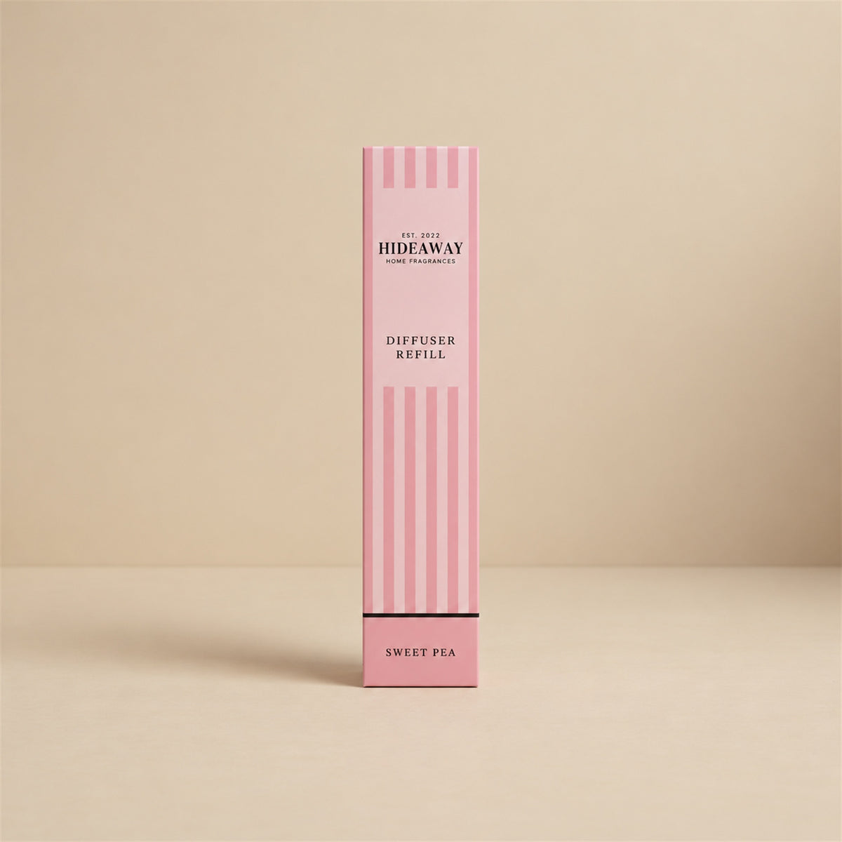 Hideaway Home Fragrances sweet pea reed diffuser refill liquid bottle showing fragrance notes on label