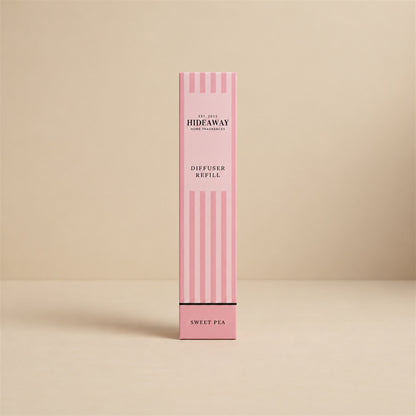 Hideaway Home Fragrances sweet pea reed diffuser refill liquid bottle showing fragrance notes on label