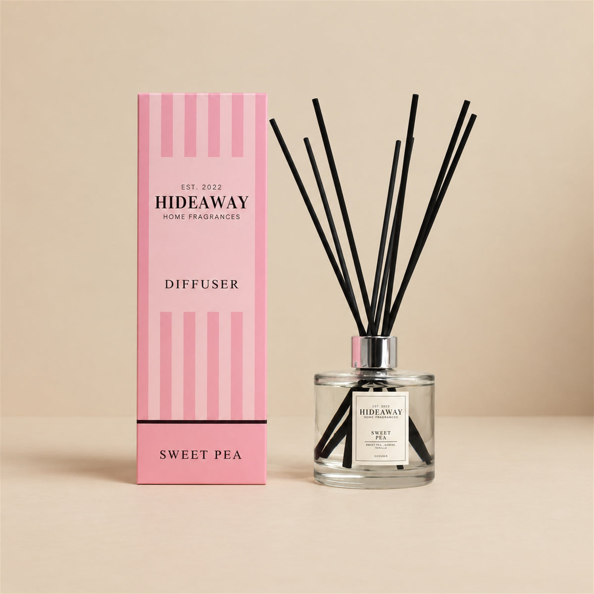 Hideaway Home Fragrances sweet pea reed diffuser with delicate floral rose, jasmine, and vanilla notes