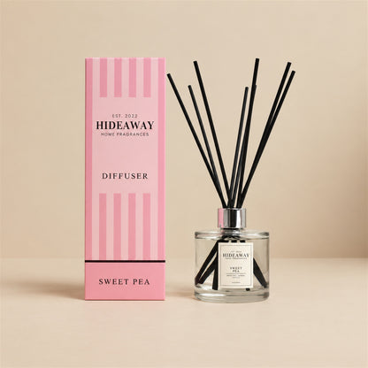 Hideaway Home Fragrances sweet pea reed diffuser with delicate floral rose, jasmine, and vanilla notes