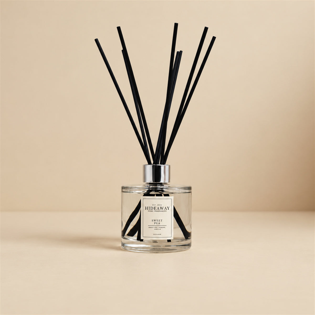 Fresh floral sweet pea reed diffuser by Hideaway Home Fragrances for spring bedroom and dressing room scenting