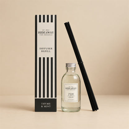 Hideaway Home Fragrances thyme and mint reed diffuser refill bottle with peppermint, red thyme, and petitgrain