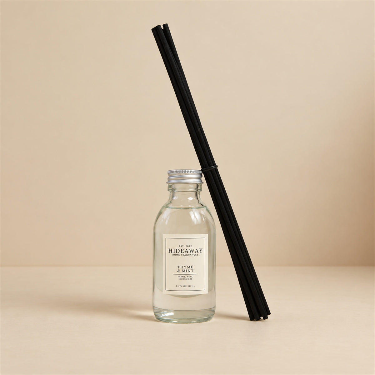 Pouring thyme and mint fragrance oil refill for a Hideaway Home Fragrances reed diffuser top-up