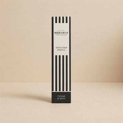 Hideaway Home Fragrances thyme and mint reed diffuser refill liquid bottle showing fragrance notes on label
