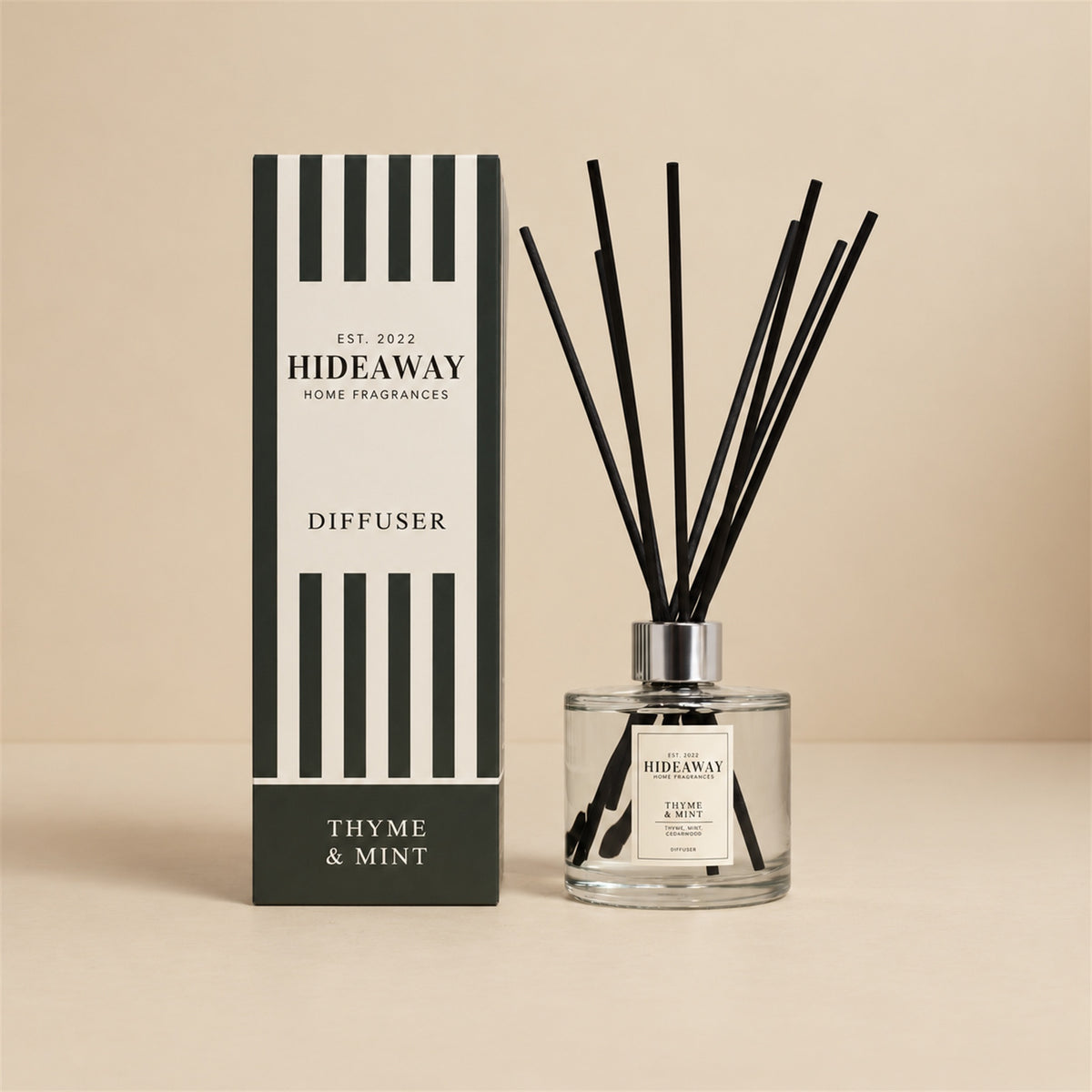 Hideaway Home Fragrances thyme and mint reed diffuser with fresh peppermint, red thyme, and petitgrain notes