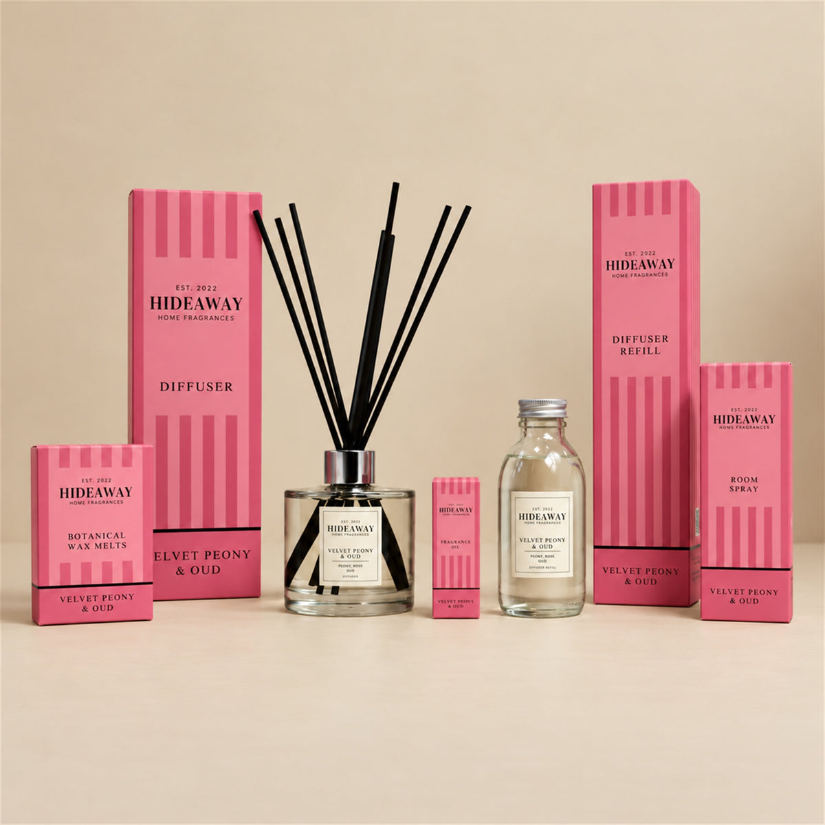 Hideaway Home Fragrances velvet peony and oud collection including diffusers, candles, wax melts, and sprays