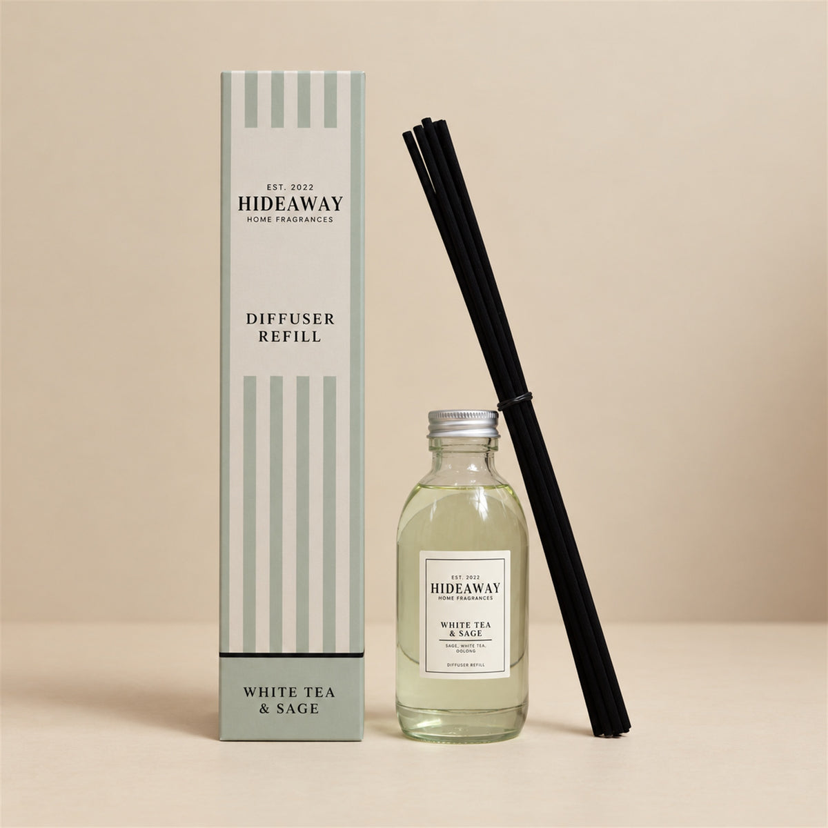 Hideaway Home Fragrances white tea and sage reed diffuser refill bottle with herbal sage, thyme, and oolong