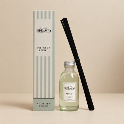 Hideaway Home Fragrances white tea and sage reed diffuser refill bottle with herbal sage, thyme, and oolong