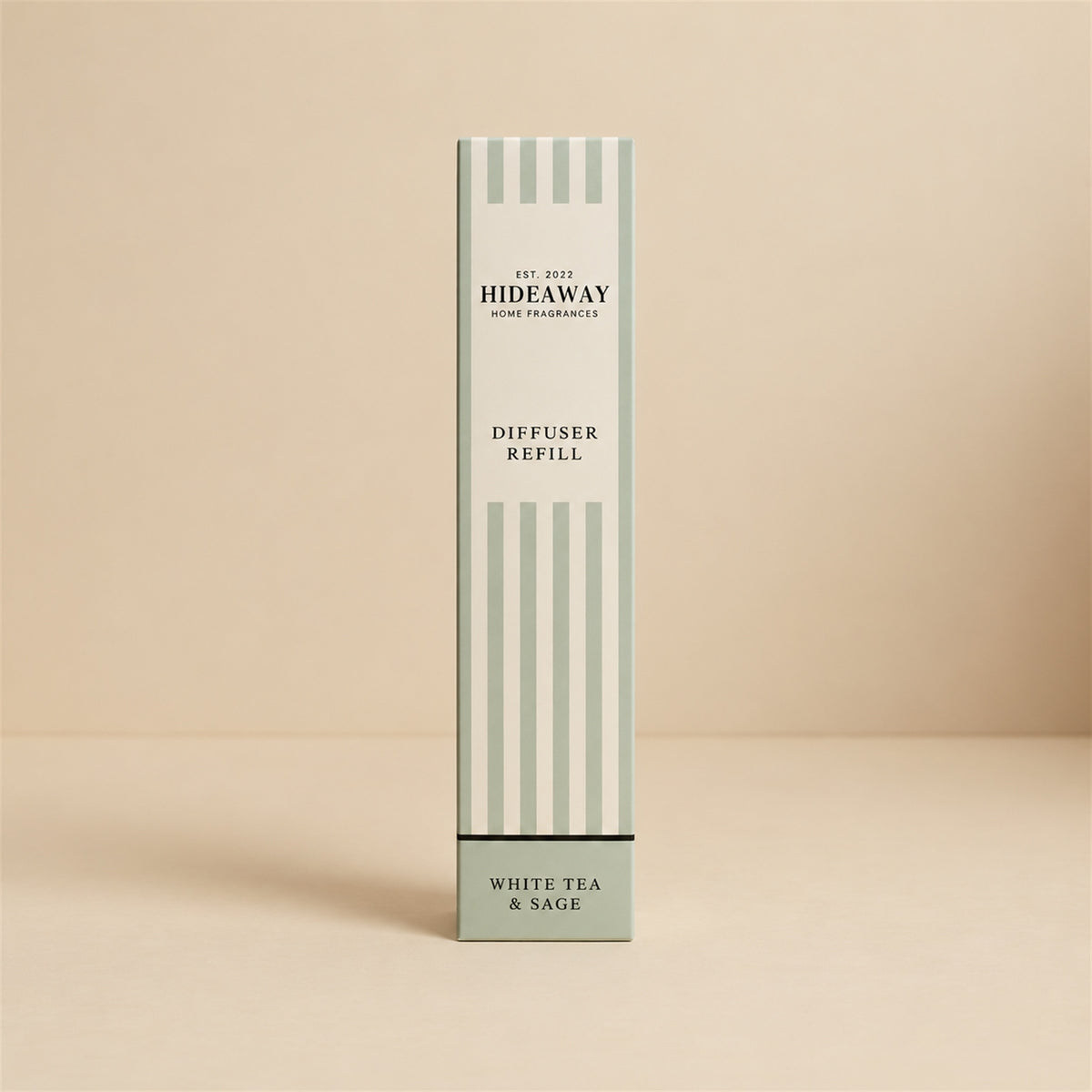 Hideaway Home Fragrances white tea and sage reed diffuser refill liquid bottle showing notes on label