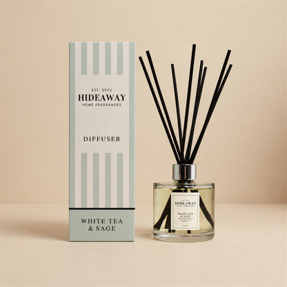 Hideaway Home Fragrances white tea and sage reed diffuser with fresh herbal sage, thyme, and oolong notes