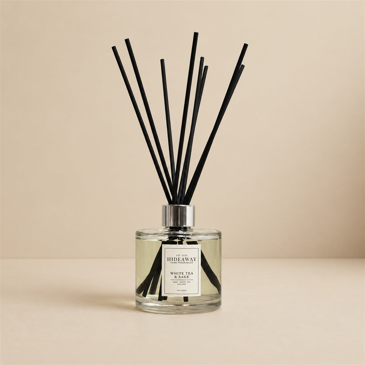 Calming white tea and sage reed diffuser by Hideaway Home Fragrances for serene living room and study scenting