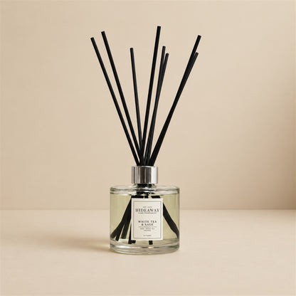 Calming white tea and sage reed diffuser by Hideaway Home Fragrances for serene living room and study scenting