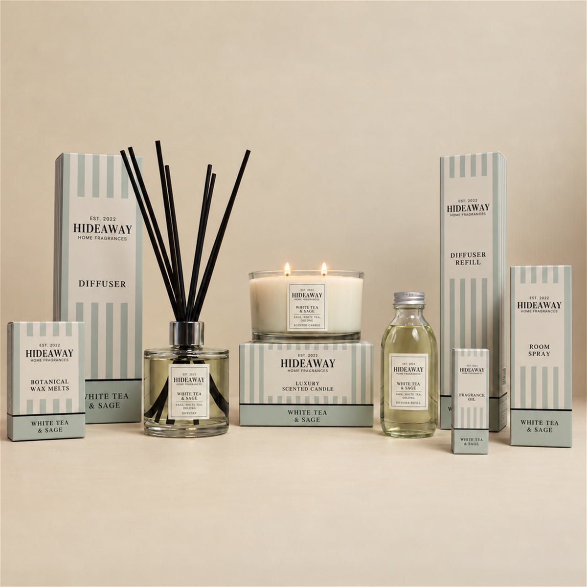 Hideaway Home Fragrances White Tea and Sage range including 3 wick candles, wax melts, reed diffusers, fragrance oil, and room spray