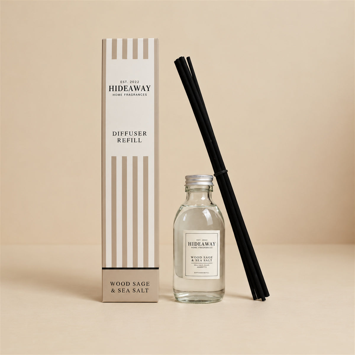Hideaway Home Fragrances wood sage and sea salt reed diffuser refill bottle with bergamot, sea salt, and sage