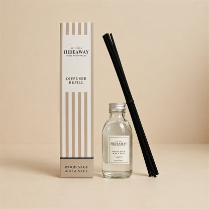 Hideaway Home Fragrances wood sage and sea salt reed diffuser refill bottle with bergamot, sea salt, and sage