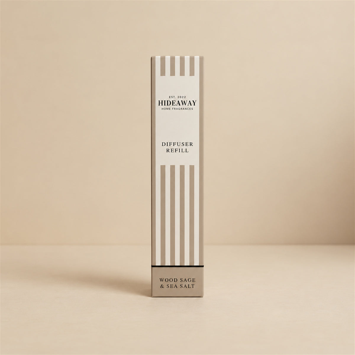 Hideaway Home Fragrances wood sage and sea salt reed diffuser refill liquid bottle showing notes on label