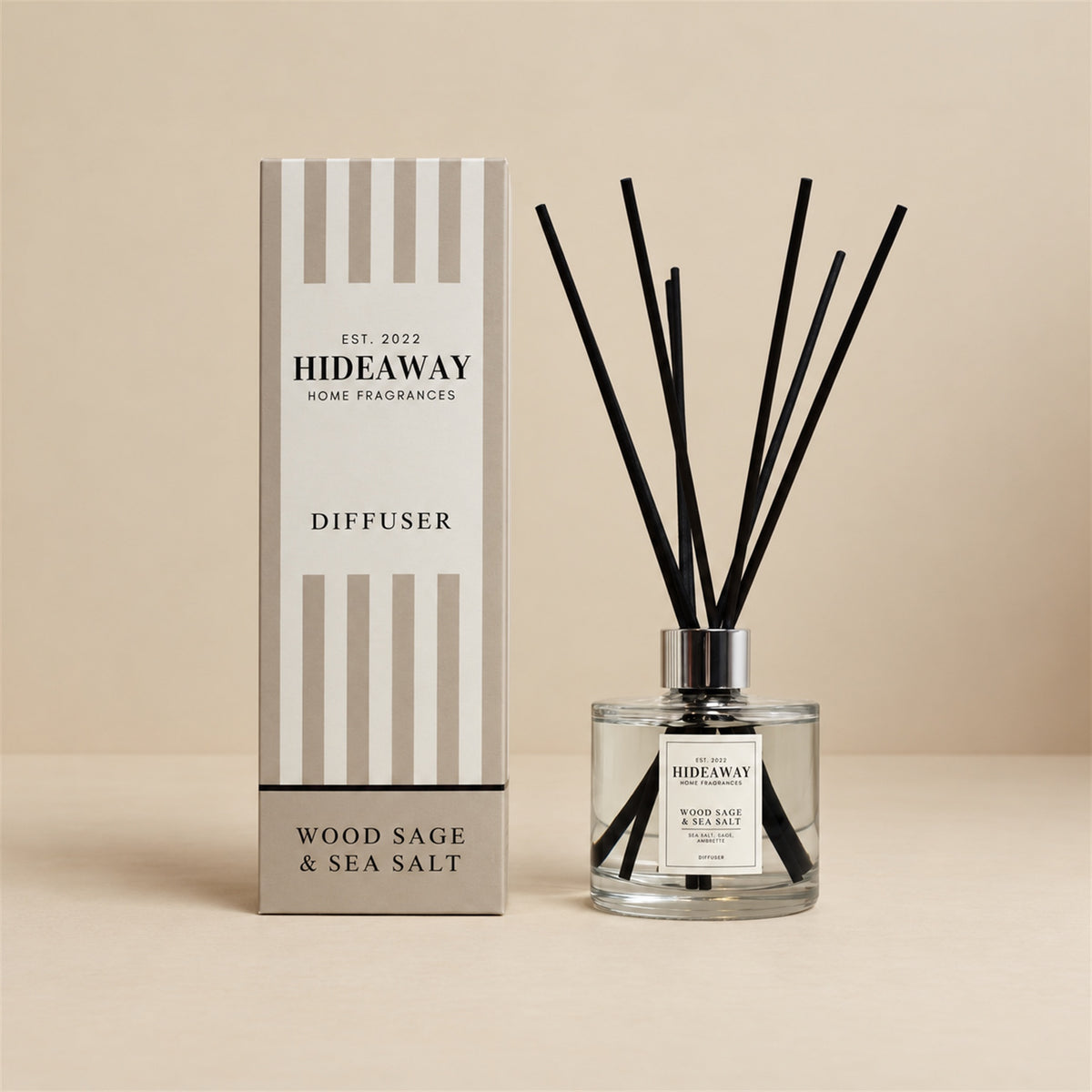 Hideaway Home Fragrances wood sage and sea salt reed diffuser with bergamot, sea salt, and cedarwood notes