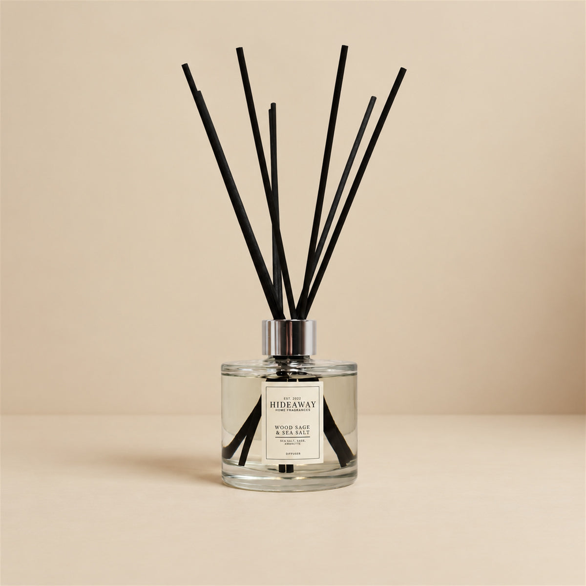 Breezy coastal wood sage and sea salt reed diffuser by Hideaway Home Fragrances for airy living room scenting