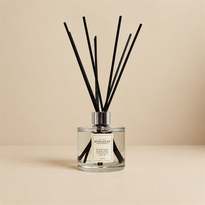 Breezy coastal wood sage and sea salt reed diffuser by Hideaway Home Fragrances for airy living room scenting