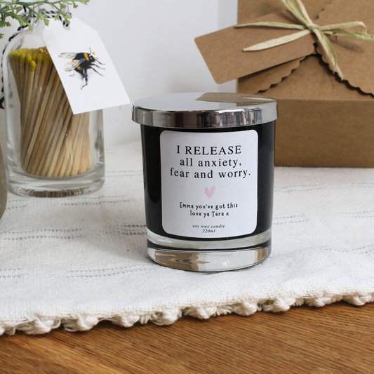 Personalised I Release All Anxiety Fear and Worry candle with empowering affirmation – Hideaway Home Fragrances