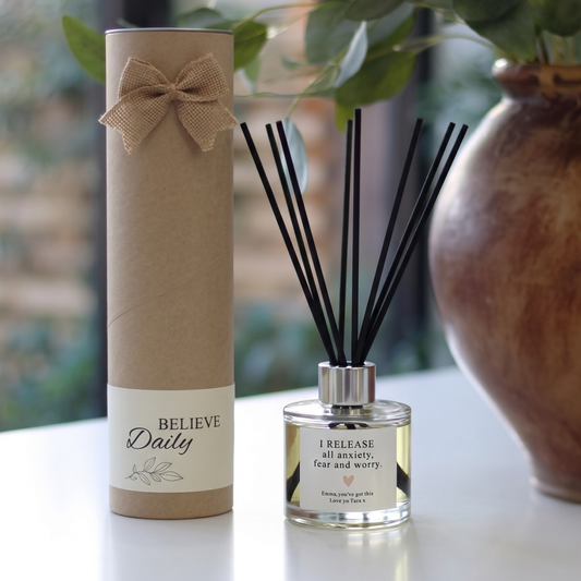 Personalised "I Release Anxiety" candle and luxury reed diffuser keepsake gift set, beautifully packaged and ready to gift by Hideaway Home Fragrances.