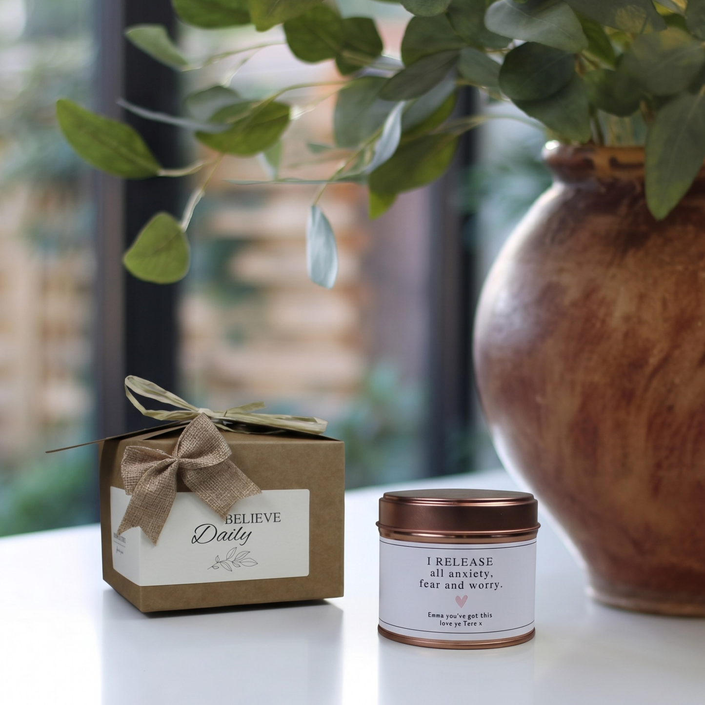 Custom stress relief care package gift box featuring a personalized anxiety calming candle and matching home fragrance diffuser by Hideaway Home Fragrances.