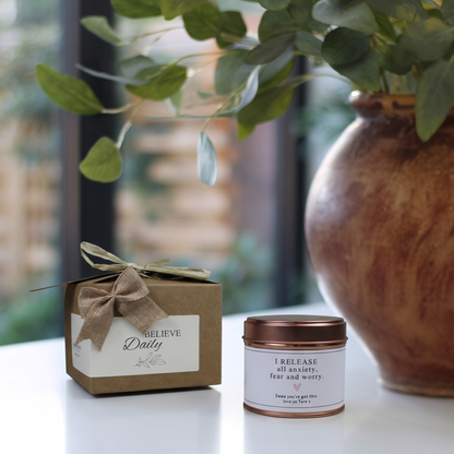 Custom stress relief care package gift box featuring a personalized anxiety calming candle and matching home fragrance diffuser by Hideaway Home Fragrances.