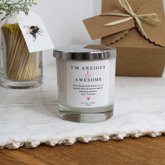Personalised I’m Anxious but Awesome candle with fun and uplifting message – Hideaway Home Fragrances