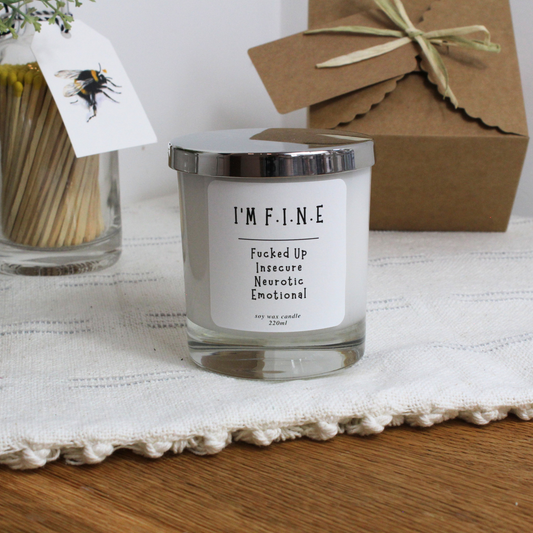 Personalised I’m F.I.N.E candle with humorous Fed up Insecure Neurotic Emotional message – Hideaway Home Fragrances