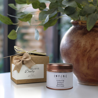 Custom stress relief care package gift box featuring a funny sarcasm joke candle and matching home fragrance diffuser by Hideaway Home Fragrances