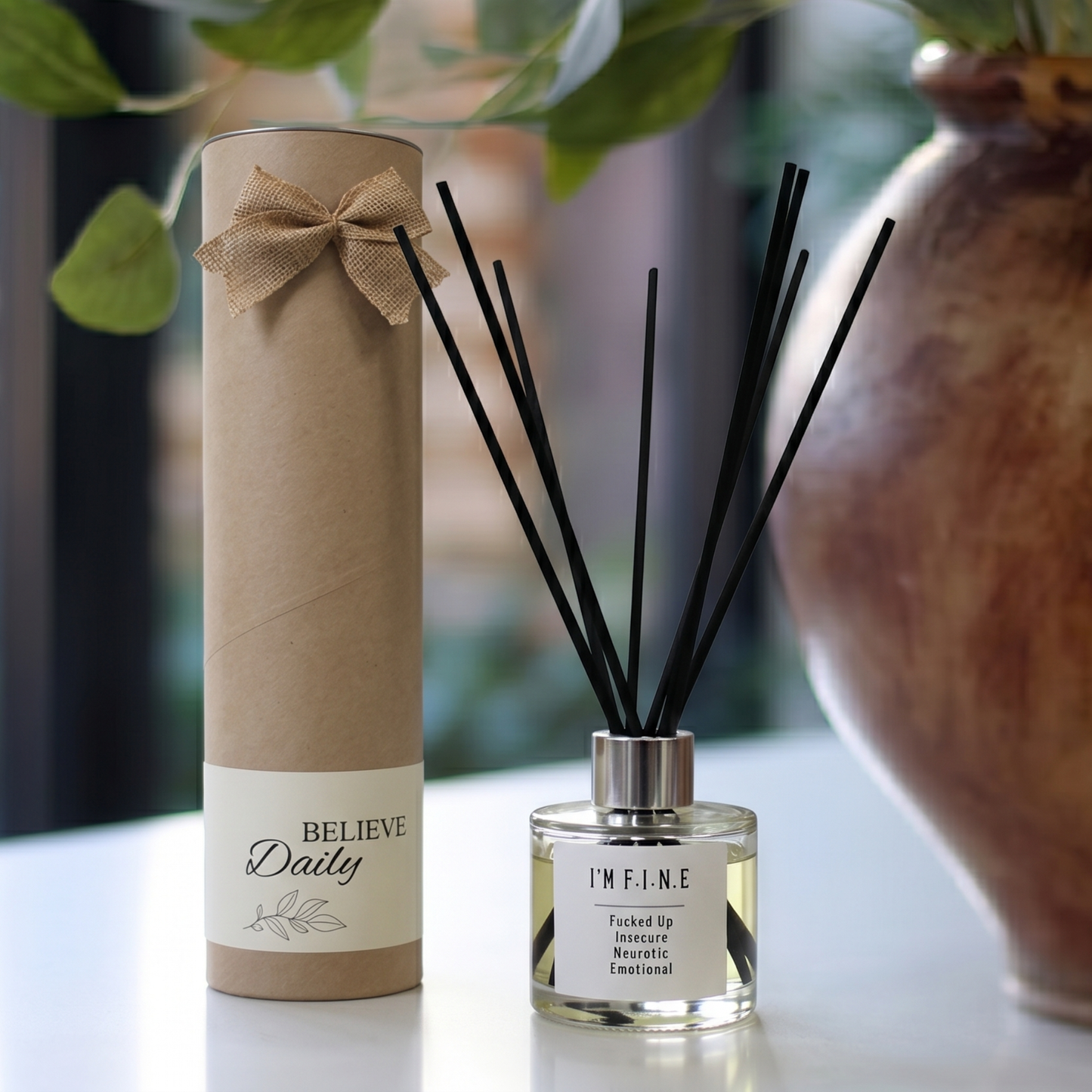 Personalised "I'm Fine" funny quote candle and luxury reed diffuser keepsake gift set, beautifully packaged and ready to gift by Hideaway Home Fragrances.