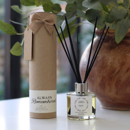 Personalised "In Loving Memory" floral candle and luxury reed diffuser keepsake gift set, beautifully packaged and ready to gift by Hideaway Home Fragrances.