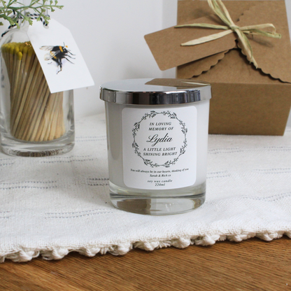 Personalised In Loving Memory candle with a little light shining bright message – Hideaway Home Fragrances